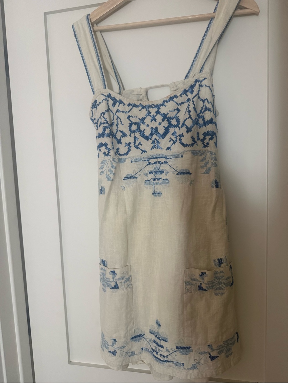 Urban Outfitters Cream Mini Dress with Blue Embroidered Detail